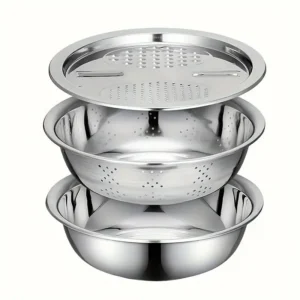 3-Piece Kitchen Set, Stainless Steel Mixing Bowl & Cutting System, Easy Clean Design, Space-Saving, Ideal for Home Cooking