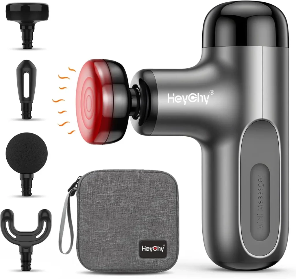 Mini Massage Gun with Heat, Deep Tissue Percussion Muscle Massager, 4 Heads, Portable for Athletes