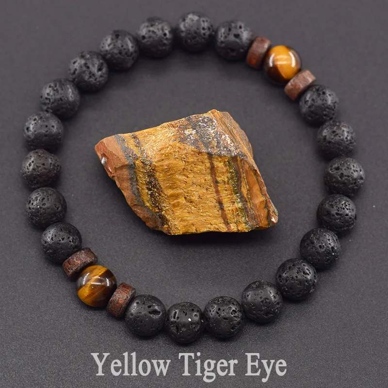 Men's Tiger Eye and Volcanic Stone Bracelet — Natural Yellow Black Beads | 4.8/5 — 8,500+ Bought
