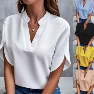 Women's Elegant V-Neck Blouse — Casual Short Sleeve Loose Solid Shirt | 4.9/5 — 7,800+ Bought