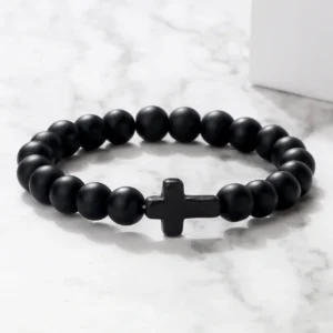Men's Cross Lava Stone Bracelet — Black Matte Beaded Natural Stone | 4.9/5 — 7,800+ Bought