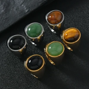 Vintage 316L Stainless Steel Oval Natural Stone Ring For Men Women Finger Jewelry Accessories Black Green Tiger Eye Stone Royal | 4.9/5 — 9