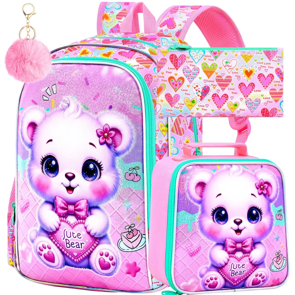 Girls 3-Piece Backpack Set — 16" Bear Preschool Bag with Lunch Box and Pencil Case