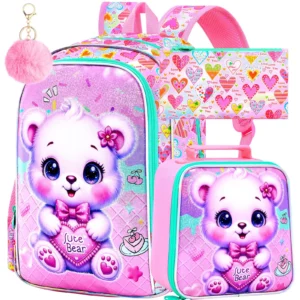 Girls 3-Piece Backpack Set — 16" Bear Preschool Bag with Lunch Box and Pencil Case | 4.9/5 — 9,200+ Bought