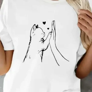 Women's Cat Paw Heart Print T-Shirt — Cute Casual Short Sleeve Tee | 4.9/5 — 7,500+ Bought