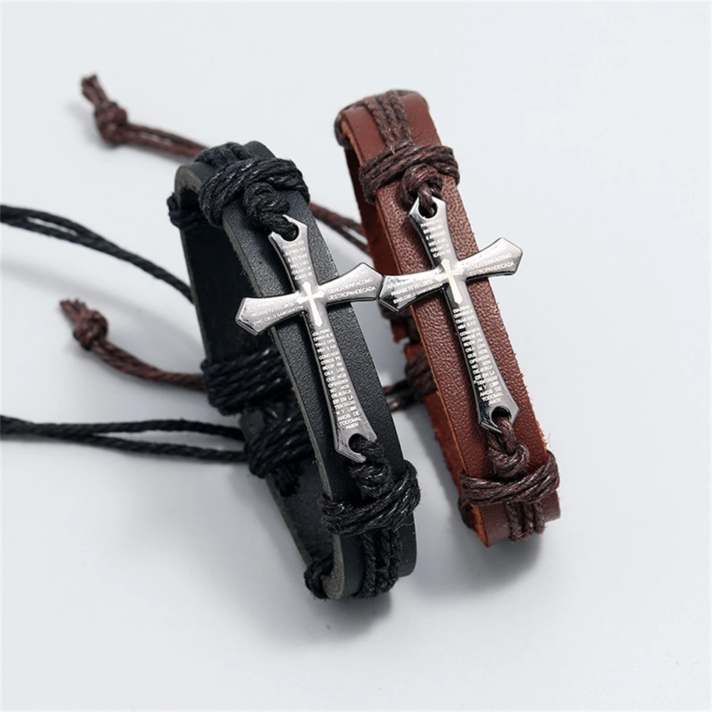 Men's Punk Cross Faith Braided Bracelet — Retro Leather Religious - Image 2