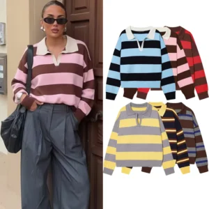 Women's Striped Knit Polo Neck Sweater — Elegant Pullover Spring 20264.9/5 — 7,800+ Bought