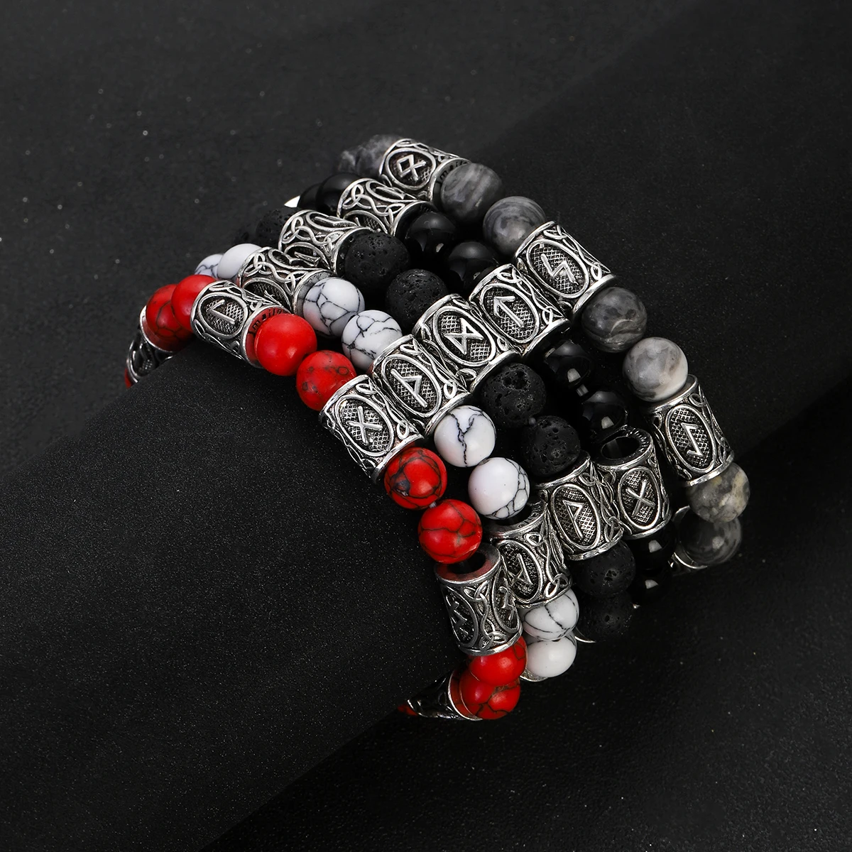 Men's Norse Viking Runes Natural Stone Bracelet — 8mm Lava Obsidian | 4.8/5 — 8,500+ Bought