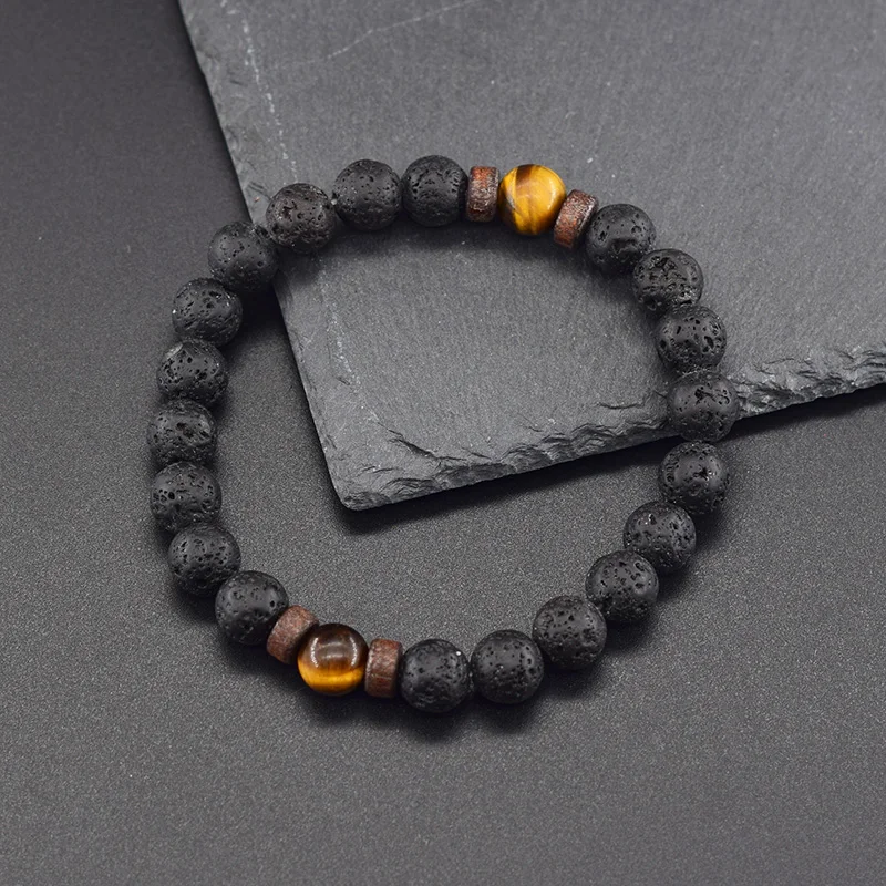 Men's Tiger Eye and Volcanic Stone Bracelet — Natural Yellow Black Beads | 4.8/5 — 8,500+ Bought - Image 2