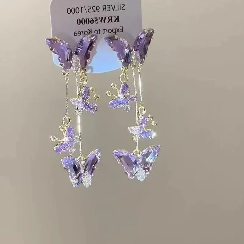 Women's Purple Butterfly Glass Tassel Earrings — Elegant Long Drop Style | 5.0/5 — 10,000+ Bought