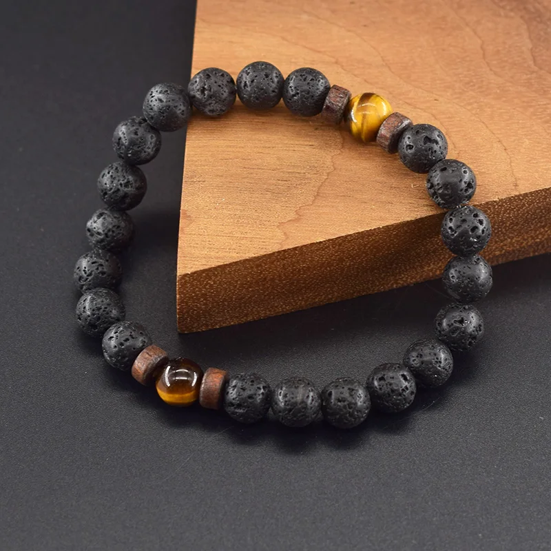 Men's Tiger Eye and Volcanic Stone Bracelet — Natural Yellow Black Beads | 4.8/5 — 8,500+ Bought - Image 3
