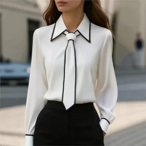 Women's Formal Bow Tie Blouse — Long Sleeve Contrast Fashion Shirt | 4.8/5 — 8,500+ Bought