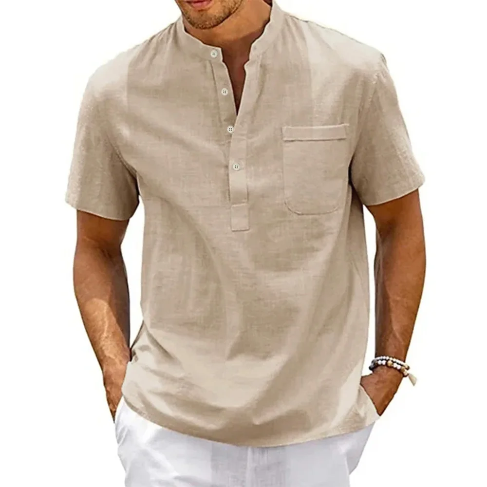 Men's Cotton Linen Beach Shirt — Henley Neck Short Sleeve Summer Top | 5.0/5 — 8
