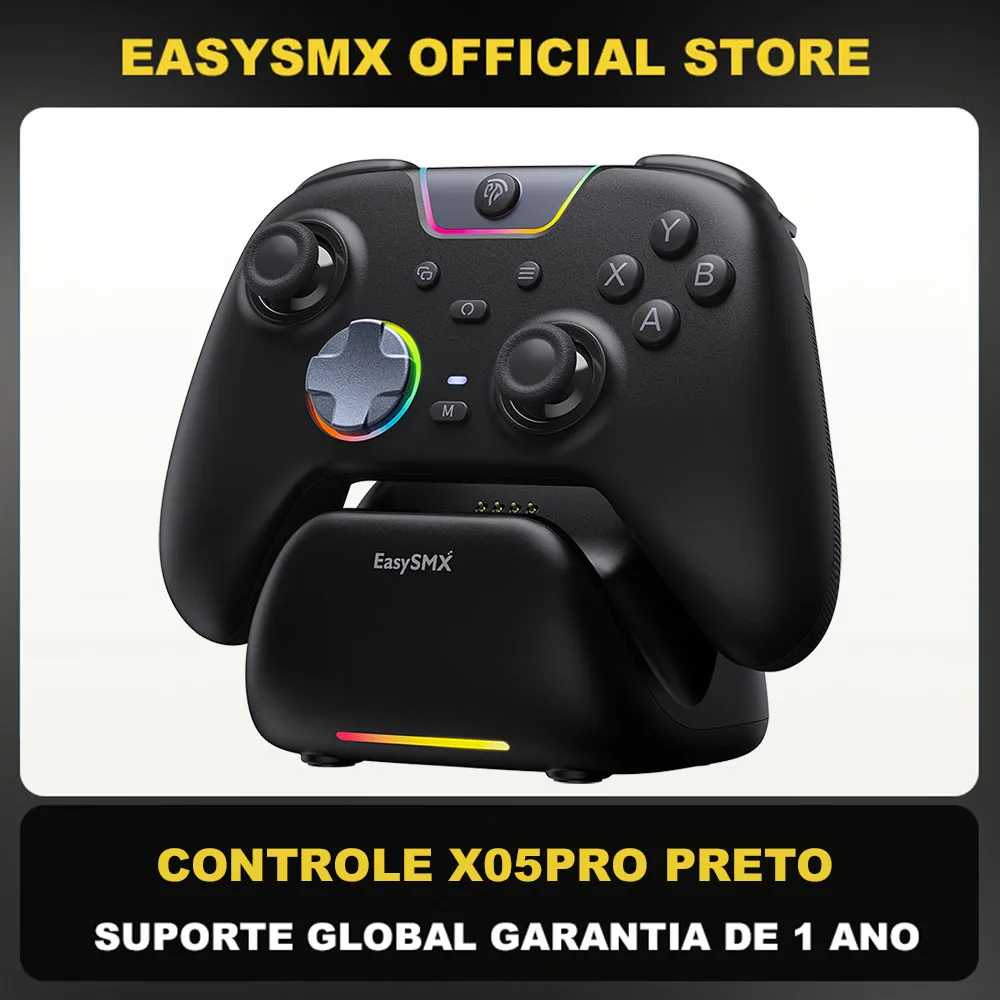 Controle Base de carregamento EasySMX X05Pro para PC/Switch/Celular, botão silencioso, bateria de 1000mAh, joystick Hall, RGB, design ergonômico