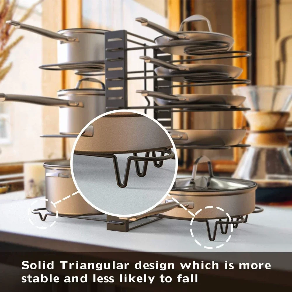5/8 Tiers Adjustable Pots and Pans Organizer Rack 3 DIY Methods Heavy Duty Metal Pans Pots Lids Storage Holder Rack for Kitchen - Image 2