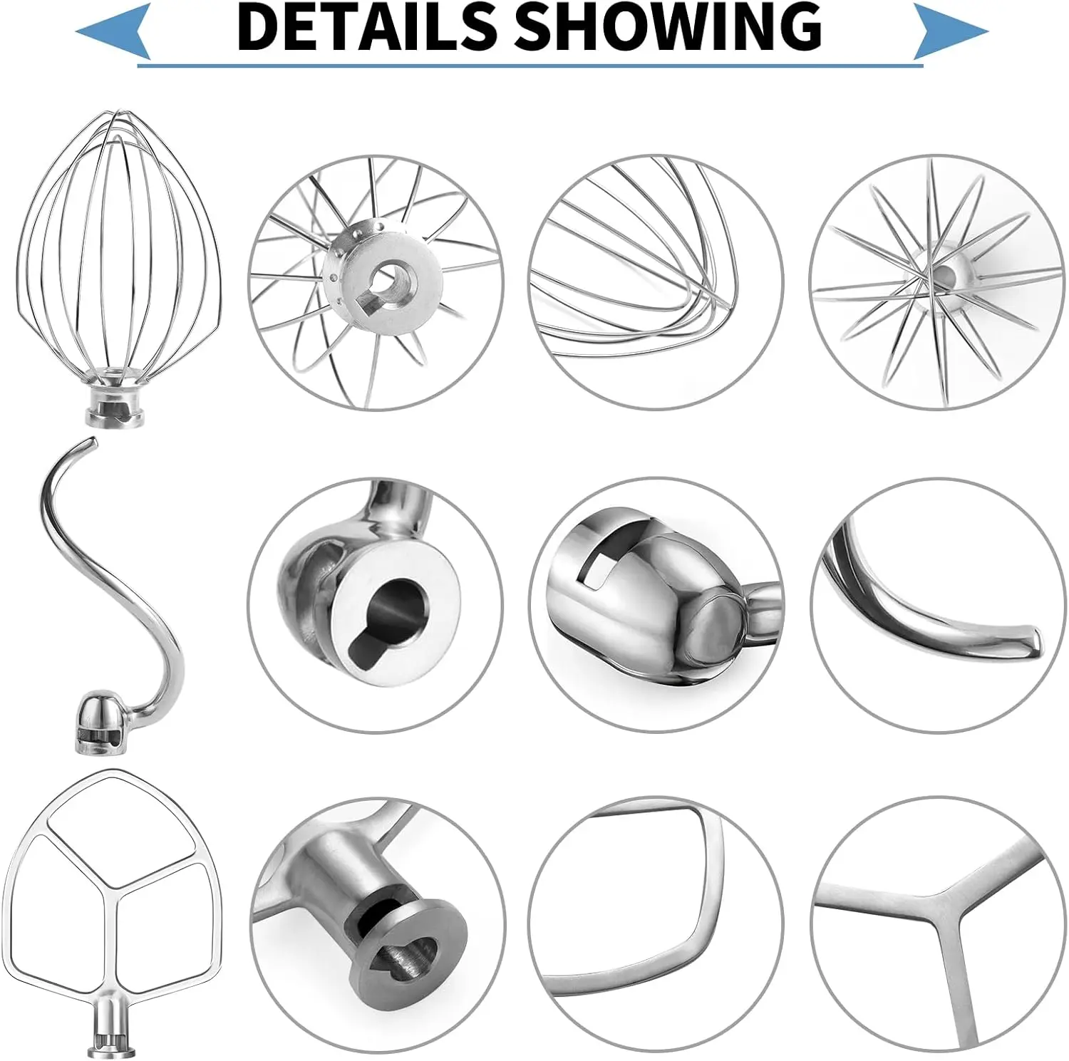 Conjunto de 1/3 peças de acessórios de misturador de aço inoxidável para KitchenAid 5 Plus e 6QT Bowl-Lift Mixers, gancho para massa, batedor, batedor plano. - Image 3