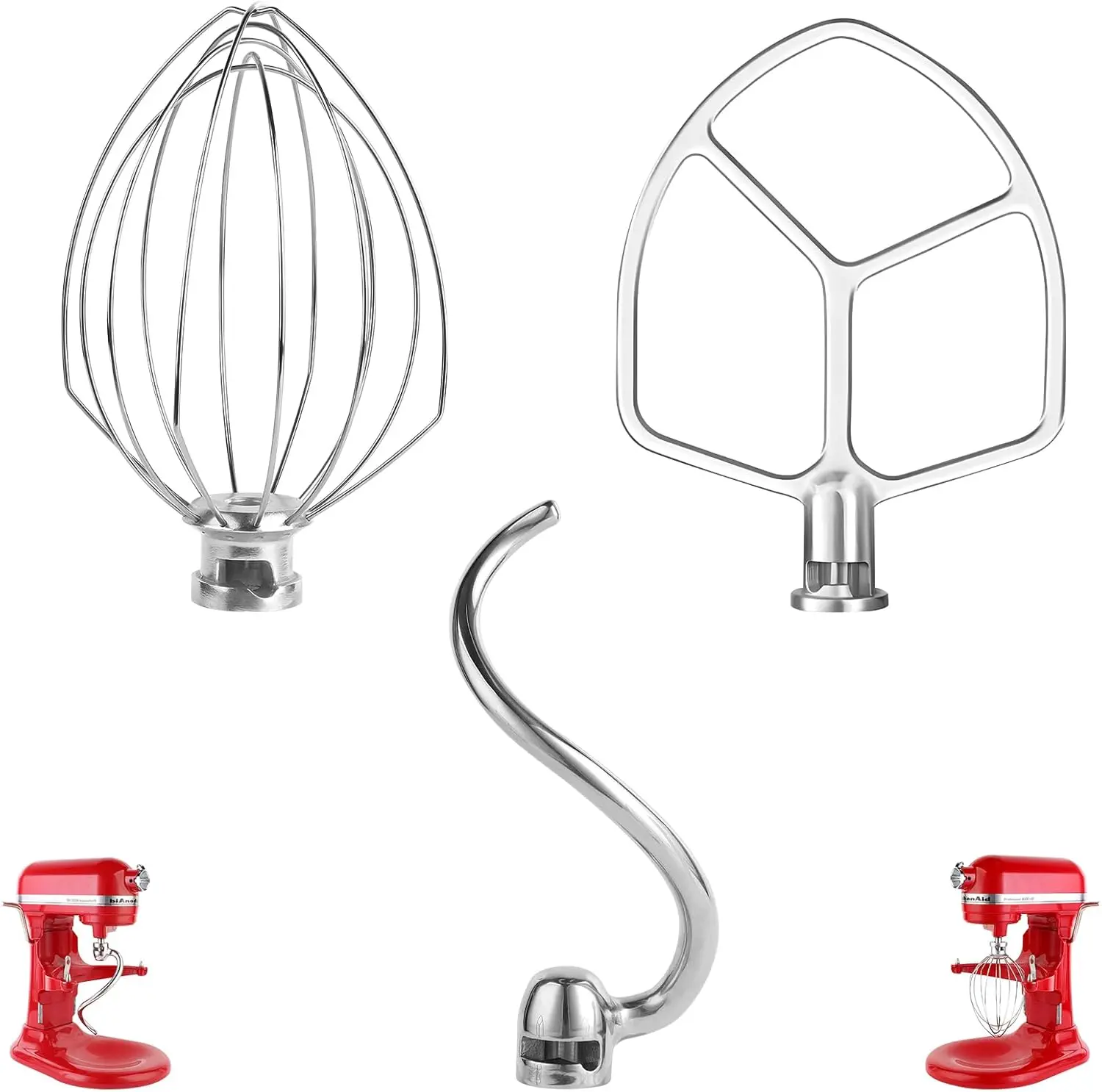 Conjunto de 1/3 peças de acessórios de misturador de aço inoxidável para KitchenAid 5 Plus e 6QT Bowl-Lift Mixers, gancho para massa, batedor, batedor plano.