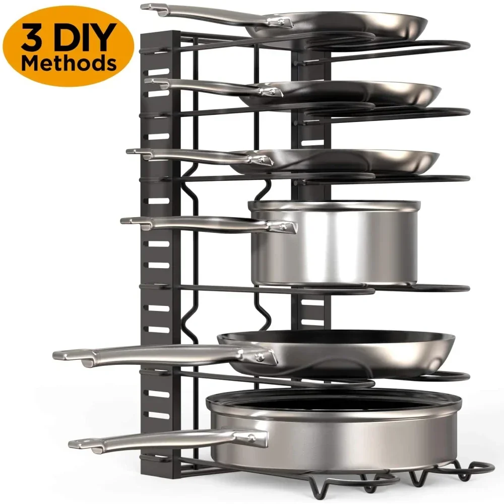 5/8 Tiers Adjustable Pots and Pans Organizer Rack 3 DIY Methods Heavy Duty Metal Pans Pots Lids Storage Holder Rack for Kitchen - Image 3