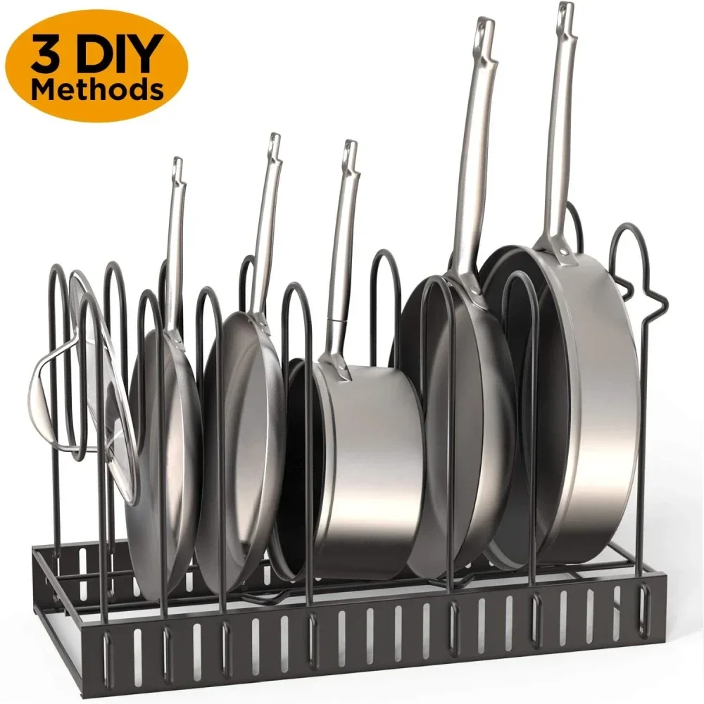 5/8 Tiers Adjustable Pots and Pans Organizer Rack 3 DIY Methods Heavy Duty Metal Pans Pots Lids Storage Holder Rack for Kitchen - Image 5