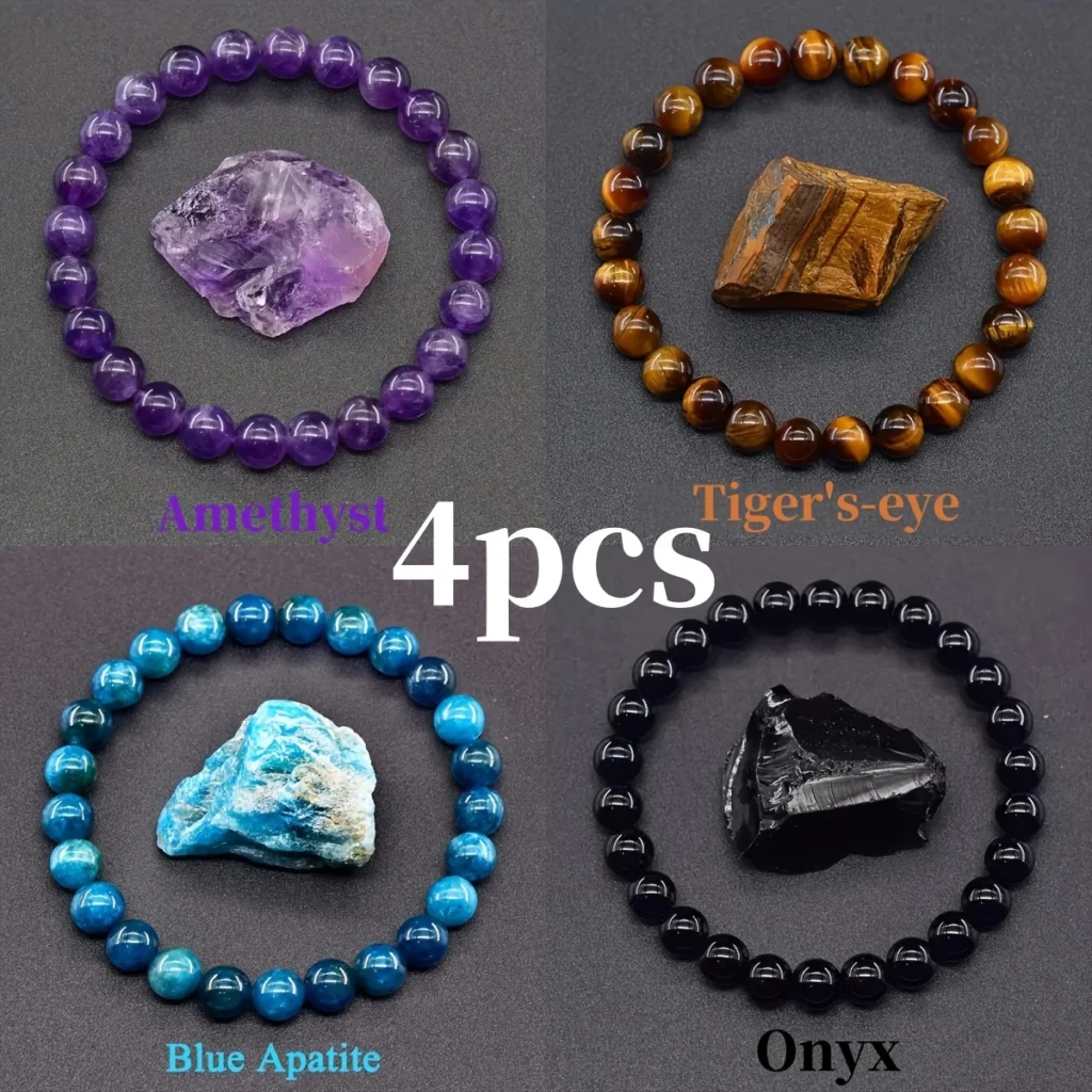 4-Piece Bohemian Gemstone Bracelet Set — Amethyst Tiger Eye Onyx Natural Stone
