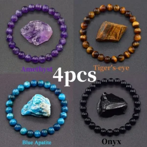 4-Piece Bohemian Gemstone Bracelet Set — Amethyst Tiger Eye Onyx Natural Stone | 5.0/5 — 10,000+ Bought