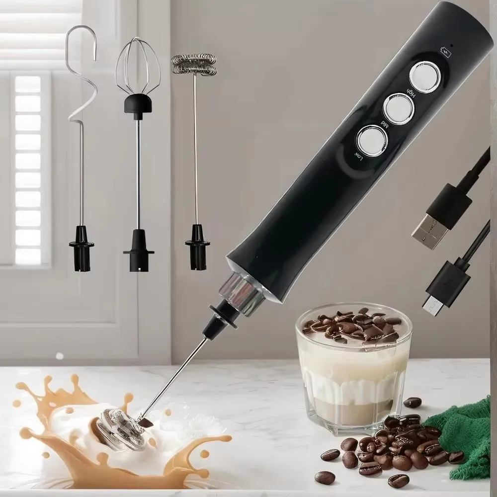 Rechargeable Milk Frother Set — 3-Speed Electric Whisk with Stand, USB-C Charging